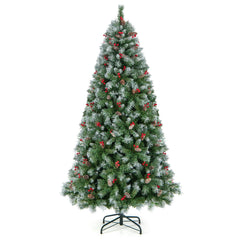 7.5 FT Snowy Pre-Lit Christmas Tree, 1368 Tips, 89 Pine Cones, 267 Red Berries, 560 LEDs