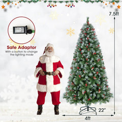 7.5 FT Snowy Pre-Lit Christmas Tree, 1368 Tips, 89 Pine Cones, 267 Red Berries, 560 LEDs