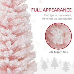 6ft Flocked Christmas Tree, Pencil Christmas Tree with Realistic Branch Tips, Folding Metal Stand, Green