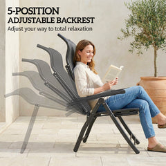 Folding Patio Chairs Set of 2, 5-Position Outdoor Lounge Chairs with High Back, Retractable Footrest, Black