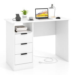 Home Office Desk with Power Outlet 3 Storage Drawers and Open Compartment-White