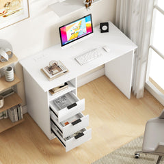 Home Office Desk with Power Outlet 3 Storage Drawers and Open Compartment-White