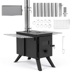 Hot Tent Stove with Ash Tray 8.4 ft Wood Burning Stove with 8 Chimney Pipes and Spark Arrestor-Black