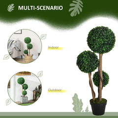 35 Inch Potted Fake Plant, Artificial Boxwood Topiary Tree, Triple Ball Tree for Indoor and Outdoor, Dark Green