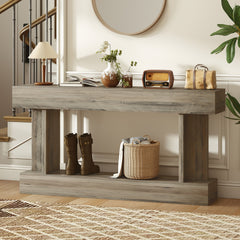 63 Inch Long Console Table, Vintage Narrow Entryway Table with Storage Shelf for Living Room and Hallway, Dark Brown