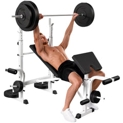 Bench Press Set Adjustable Weight Bench with Squat Rack, Preacher Curl Pad, Leg Developer and Weight Storage, White