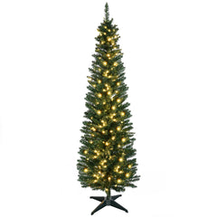 6' Pre Lit Artificial Pencil Christmas Trees, Xmas Tree with Realistic Branches and Warm White LED Lights, Green