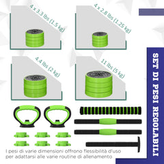 44lbs 4-in-1 Adjustable Weight Dumbbell Set, Barbell, Kettlebell, Push Up Stand, Green