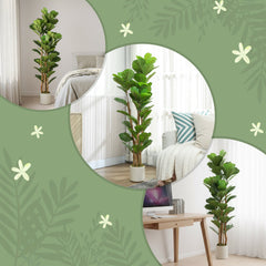 5FT Artificial Fiddle Leaf Fig Tree Set of 2, Fake Potted Tree with Solid Wood Trunks for Indoor Decor, Green