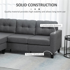 L-shaped Sofa, 3 Seater Couch with Ottoman, Corner Sofa with Thick Padded Cushion and Wood Legs, Dark Grey
