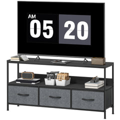 TV Stand with Charging Station, TV Table with 2 Foldable Linen Drawers and Open Shelf for 47 Inch Television, Black
