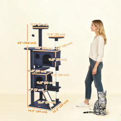 54" Cat Tree, Multi-Level Cat Tower with Scratching Posts, Cat Condos, Bed, Platforms, Ramp, Toy Ball, Beige
