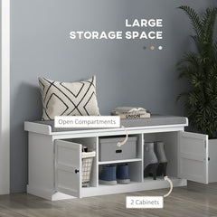 Shoe Storage Bench with Cushioned Seat, Entryway Bench Seat with 2 Cabinets and Adjustable Shelf for Hallway, White