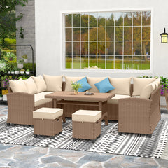 6 Pieces Patio Furniture Set, Outdoor Wicker Sofa Set, All Weather PE Rattan Conversation Furniture, with Strip Wood Grain Plastic Coffee Table & Cushions, Khaki