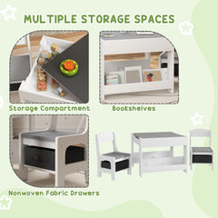 3 Piece Kids Table and Chair Set with Reversible Tabletop, Blackboard, Storage, Bookshelf, for Playroom, Nursery, Grey