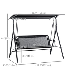2-Person Porch Swing Chair, 2 Seater Patio Swing Bench w/ Adjustable Canopy, Breathable Seat for Garden, Poolside, Black