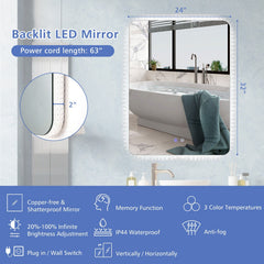 32 x 24 Inch Shatterproof Wall Mirror with 3-Color Lights and, Anti-Fog Function
