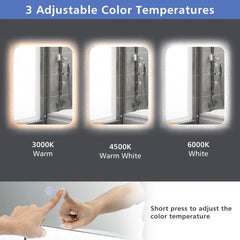 32 x 24 Inch Shatterproof Wall Mirror with 3-Color Lights and, Anti-Fog Function