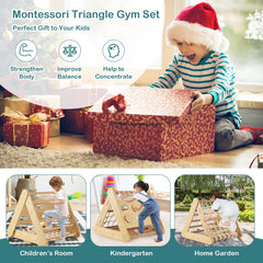 Patented 4 in 1 Triangle Climber Toy with Sliding Board and Climbing Net-Natural