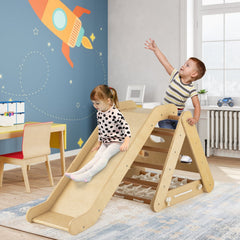 Patented 4 in 1 Triangle Climber Toy with Sliding Board and Climbing Net-Natural