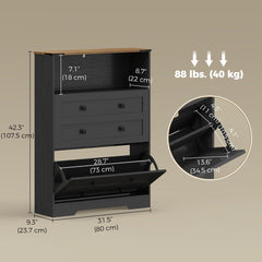 Shoe Cabinet with 2 Flip Drawers, Narrow Shoe Storage Cabinet, Black