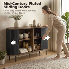 Fluted Sideboard Buffet Cabinet, 55" Mid Century Coffee Bar Cabinet with Sliding Doors and Adjustable Shelves, Black