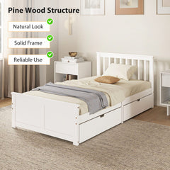 Pine Twin Bed Frame, Wood Storage Bed Frame with Drawers, Wood Slat Support, No Box Spring Needed, Easy Assembly, White