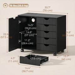 Mobile Lateral Filing Cabinet with 5 Drawers, Printer Stand with Power Outlets and USB Ports for Home Office, Black
