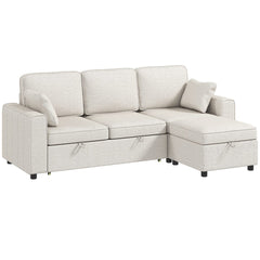 Modular Sectional Sofa Bed with Reversible Storage Ottoman, Pull Out Sleeper Sofa with Spring Cushion, Beige
