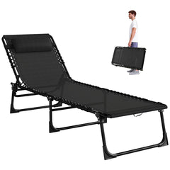 Folding Lounge Chair, Adjustable Chaise Lounge with Headrest, Reclining Lounger Cot for Camping, Hiking, Dark Blue