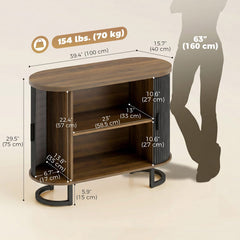 Sideboard Buffet Cabinet with Curved Tambour Doors, Thick Tabletop and Arc Metal Legs Brown and Black