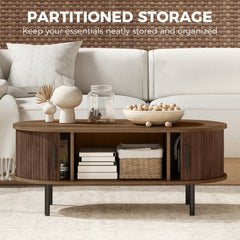 Coffee Table with Sliding Tambour Doors and Storage Center Table with Metal Legs, 39", Brown