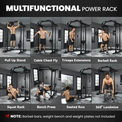 Multi-Functional Power Rack, Smith Machine Cable Crossover System with Pull Up Bar, Lat-Pull Down System, Landmine