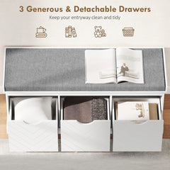 Shoe Storage Bench, Linen-Look Entryway Bench with 3 Removable Drawers and Padded Seat Cushion for Hallway, White