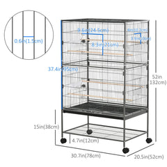 52'' Large Rolling Steel Bird Cage Bird House with Rolling Stand, Storage Shelf, Wood Perch, Food Container, Dark Grey