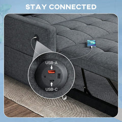 Pull Out Sofa Bed, Sleeper Sofa Couch with USB Ports, Small Linen Loveseat Futon Couch for Living Room, Dark Grey