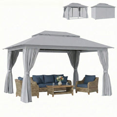 10' x 13' Patio Gazebo, UPF50+ Double Roof Outdoor Gazebo Canopy with Netting and Curtains, Steel Frame, Dark Grey