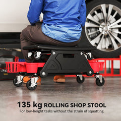 Rolling Garage Stool with Wheels, 300 LBS Capacity Padded Mechanic Stool with Tool Trays Storage, Black