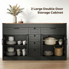 Sideboard Buffet Cabinet, 55" Farmhouse Kitchen Cabinet with 4 Barn Doors, 6 Drawers and 2 Adjustable Shelves, Black