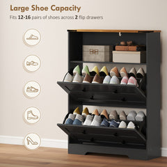 Shoe Cabinet with 2 Flip Drawers, Narrow Shoe Storage Cabinet, Black