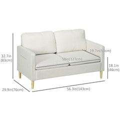 56" 2 Seat Sofa, Modern Love Seats Furniture, Upholstered 2 Seater Couch with Side Pockets, Solid Wood Frame, White
