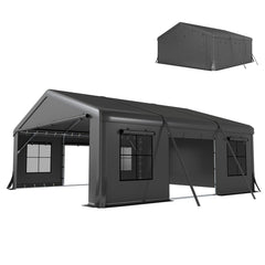 20' x 20' Heavy Duty Carport, Portable Garage Car Canopy Tent Shelter with 3 Roll-up Doors, 4 Windows, Dark Grey