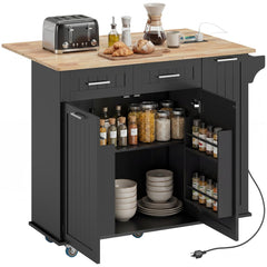 Kitchen Island on Wheels with Wood Drop Leaf, Charging Station, Rolling Kitchen Cart with Adjustable Shelf, Black