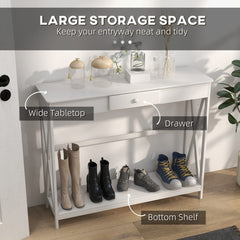 39" Console Table, 2 Tier X-Design Narrow Entryway Table with Drawer and Storage Shelf for Behind Couch, Living Room, Hallway, White