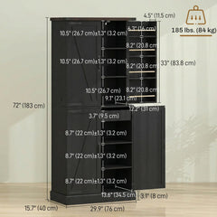 72" Tall Kitchen Pantry Cabinet, Farmhouse Storage Cabinet with 8 Door Racks and Adjustable Shelves, Black