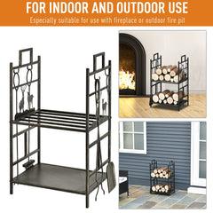 20.25" x 13" x 30.25" 2-Layer Heavy Duty Firewood Rack Wood Log Fireplace Stacker w/ 4 Tools, Black and Gold