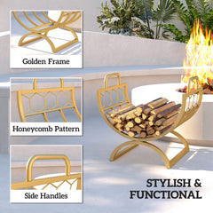 Firewood Rack Outdoor, Heavy Duty Log Holder with Handles for Indoor Outdoor Fireplace Storage 18" x 14" x 16", Gold