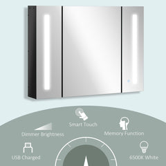 Bathroom Mirror Cabinet with LED and Adjustable Shelves, Wall Mounted Medicine Cabinet, High Gloss Black