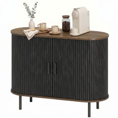 Sideboard Buffet Cabinet with Curved Tambour Doors and Storage, Brown Wood Grain