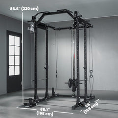 Multi-Functional Power Rack, Smith Machine Cable Crossover System with Pull Up Bar, Lat-Pull Down System, Landmine